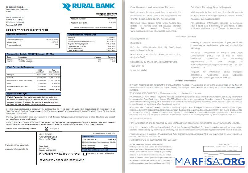 Printable Australia Rural bank mortgage statement, 2 pages, 1 2 scr template